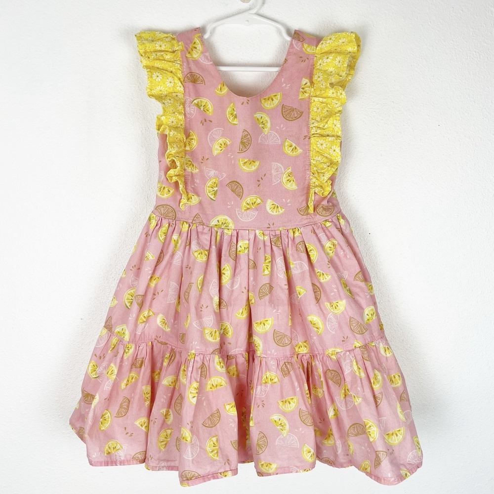 Little Girls Sun Dress Lemon Print Cotton Ruffles